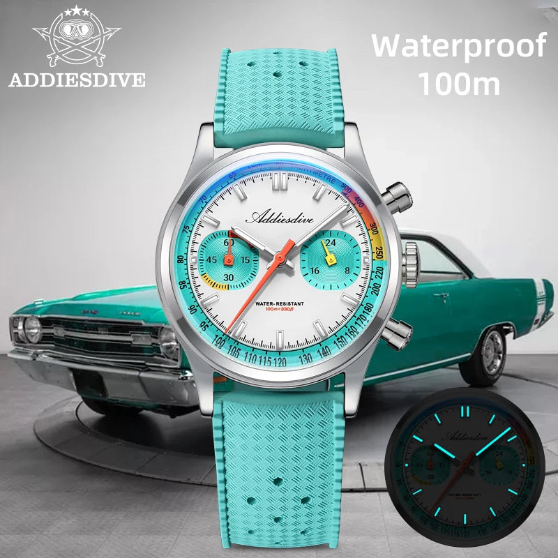 Relógio Masculino ADDIESDIVE 38mm com Pulseira de Borracha Fluorada, À Prova D'água 10 Bar, AD2549, Super Luminoso BGW9, Cronógrafo Quartzo 0S21