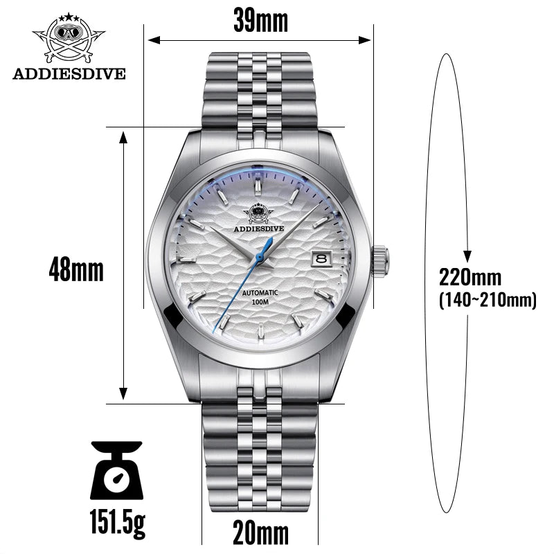 Relógio Automático Masculino ADDIESDIVE AD2118 – Maquinário Seiko NH35A, Vidro Safira e Pulseira Jubilee em Aço 316L (100m / 10 Bar)