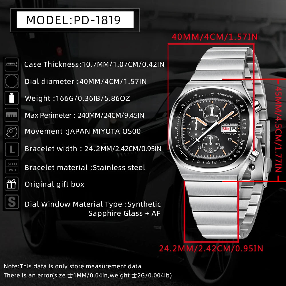 Relógio Masculino Cronógrafo PAGANI DESIGN PD1819 – Maquinário de Quartzo Japonês Miyota OS00, Vidro de Safira e À Prova D'água (Speedmaster / Testador de Velocidade)