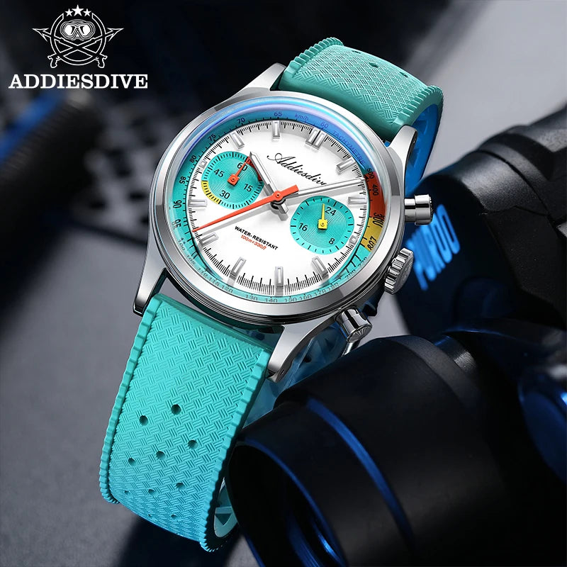 Relógio Masculino ADDIESDIVE 38mm com Pulseira de Borracha Fluorada, À Prova D'água 10 Bar, AD2549, Super Luminoso BGW9, Cronógrafo Quartzo 0S21