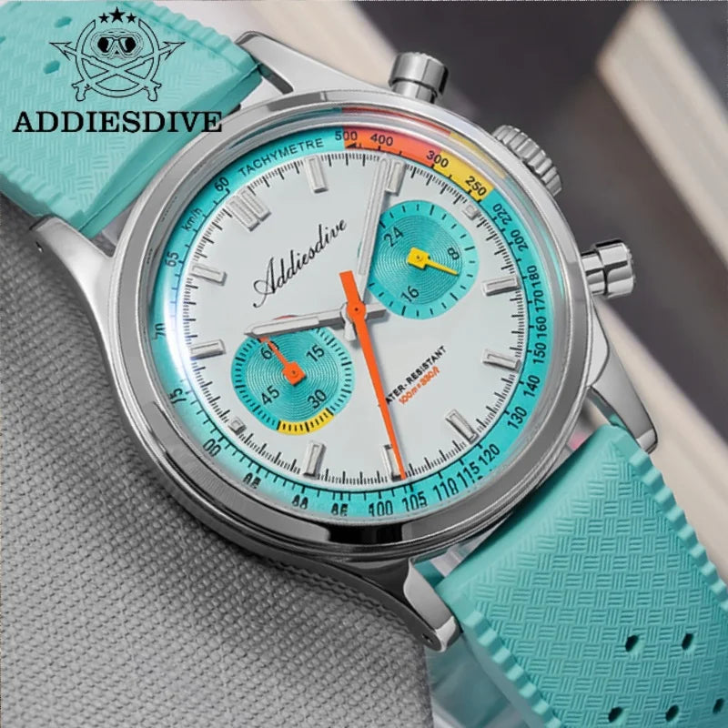 Relógio Masculino ADDIESDIVE 38mm com Pulseira de Borracha Fluorada, À Prova D'água 10 Bar, AD2549, Super Luminoso BGW9, Cronógrafo Quartzo 0S21