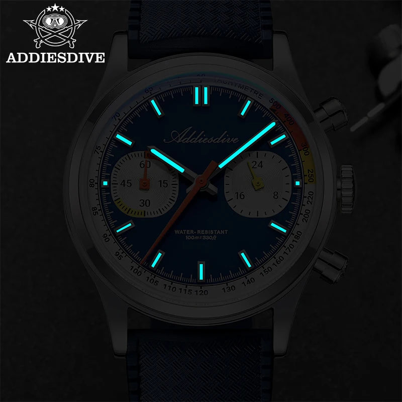 Relógio Masculino ADDIESDIVE 38mm com Pulseira de Borracha Fluorada, À Prova D'água 10 Bar, AD2549, Super Luminoso BGW9, Cronógrafo Quartzo 0S21