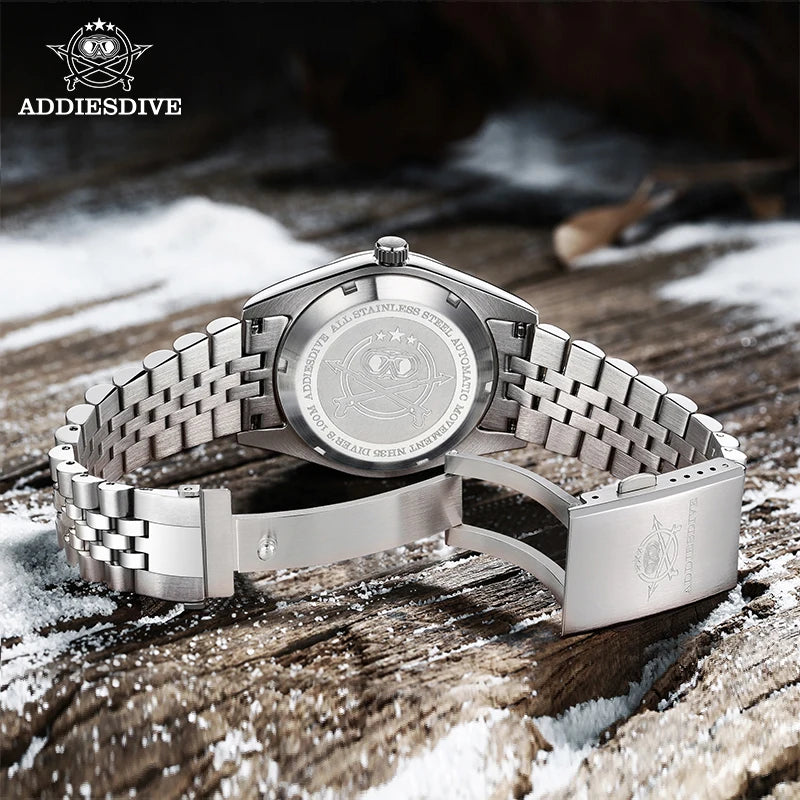 Relógio Automático Masculino ADDIESDIVE AD2118 – Maquinário Seiko NH35A, Vidro Safira e Pulseira Jubilee em Aço 316L (100m / 10 Bar)